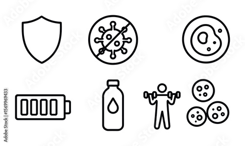 Immune System Icons. Outline vector icons of immune system support: shield icon, virus blocker, exercise boost