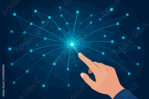 AI machine learning concept. Hand touching a glowing node in a digital network. Fastest data connection, internet technology, digital communication and global information transfer.