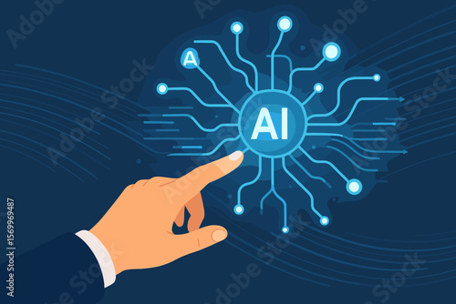 Artificial intelligence concept. Businessman hand touching a glowing AI neural network icon. Machine learning, digital data transfer, future technology and communication.