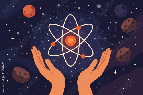 Science concept with hands holding atomic particle. Nuclear energy and quantum physics symbol on space background. Universe discovery, research and technology innovation vector.