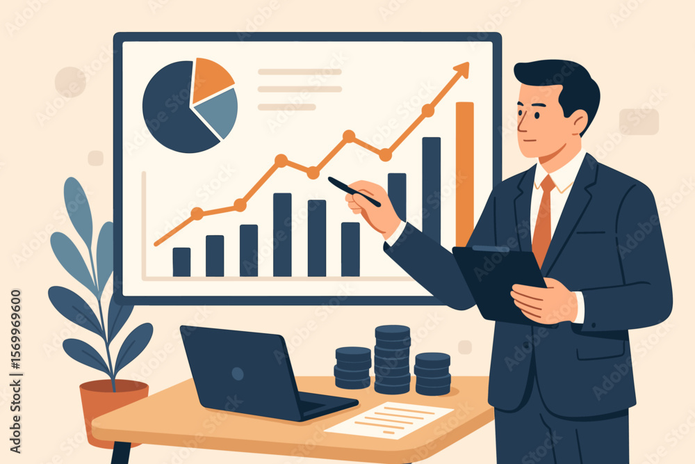 Businessman analyzing financial data and stock investment growth with charts and graphs, business strategy presentation, company balance sheet review, investment target planning Businessman analyzing financial data and stock investment growth with charts and graphs, business strategy presentation, company balance sheet review, investment target planning