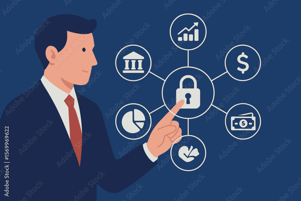 Businessman hand touching secure padlock icon. Fintech and online banking concept. Network of financial services for business data management and cybersecurity protection. Businessman hand touching secure padlock icon. Fintech and online banking concept. Network of financial services for business data management and cybersecurity protection.