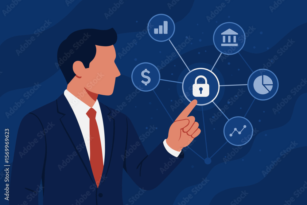 Businessman pointing to secure banking network icon. Financial innovation technology, fintech, online access to business big data. Cybersecurity and digital transformation concept. Businessman pointing to secure banking network icon. Financial innovation technology, fintech, online access to business big data. Cybersecurity and digital transformation concept.