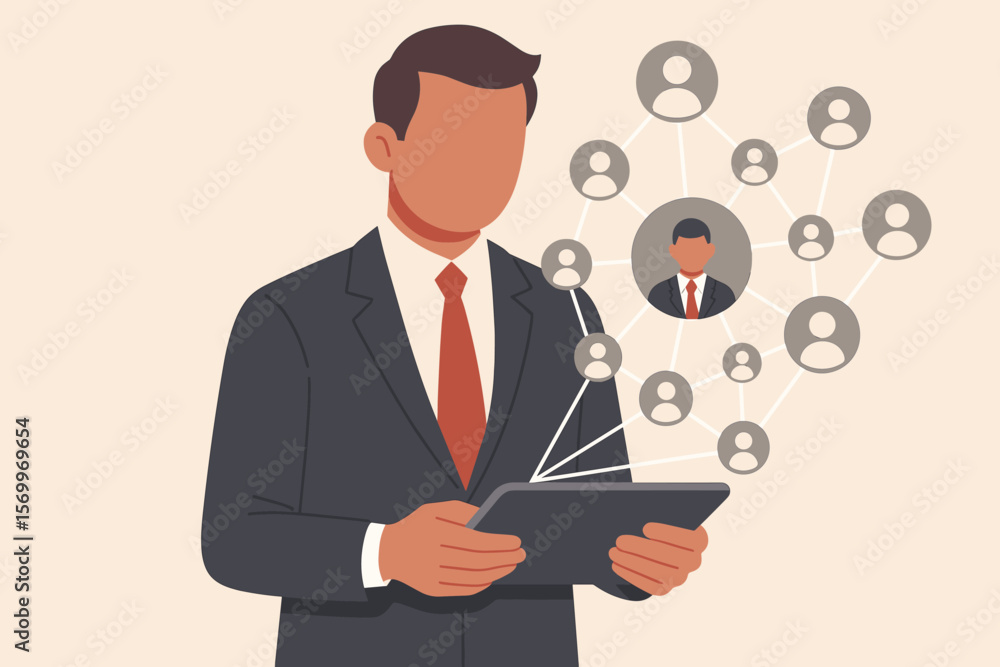 Businessman using a tablet for HR technology. Human resources management, recruitment and employment concept. Business leadership, talent acquisition, social networking vector. Businessman using a tablet for HR technology. Human resources management, recruitment and employment concept. Business leadership, talent acquisition, social networking vector.