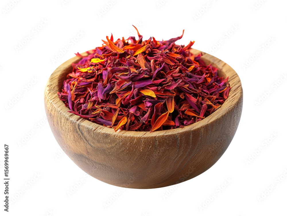 Fototapeta premium A bowl of red flower petals sits on a white background