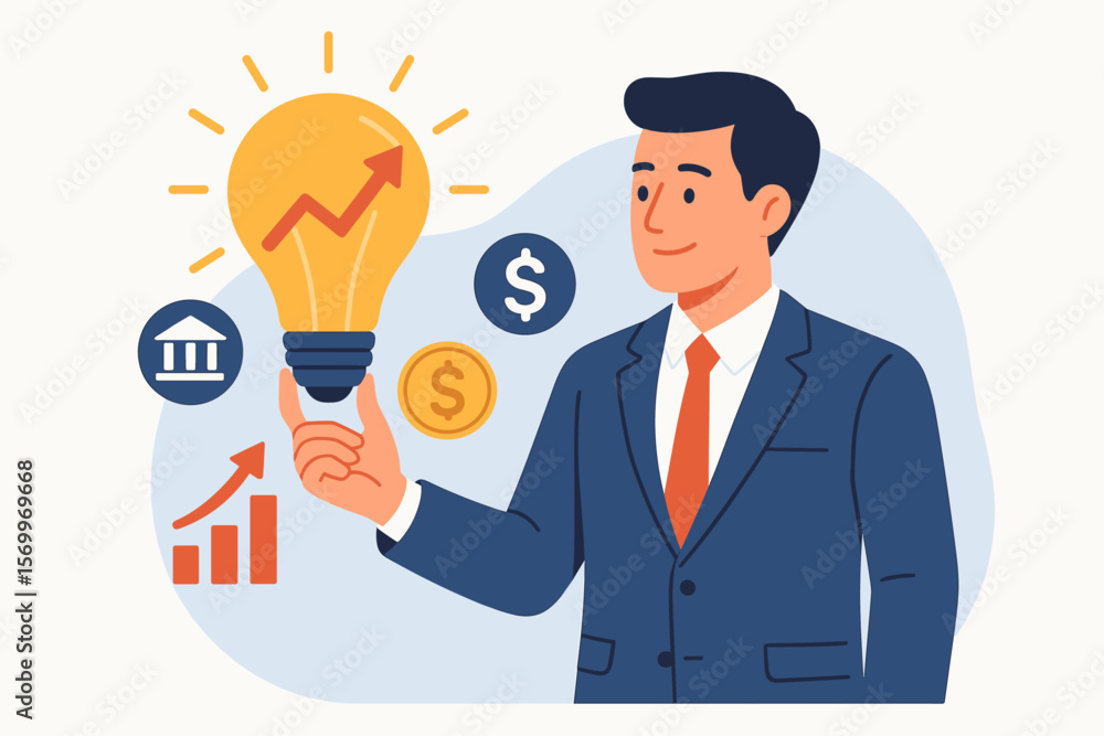 Businessman with a creative idea for financial growth. Man holds light bulb with rising arrow graph. Concept for investment, banking, profit, and success strategy. Cartoon vector. Businessman with a creative idea for financial growth. Man holds light bulb with rising arrow graph. Concept for investment, banking, profit, and success strategy. Cartoon vector.