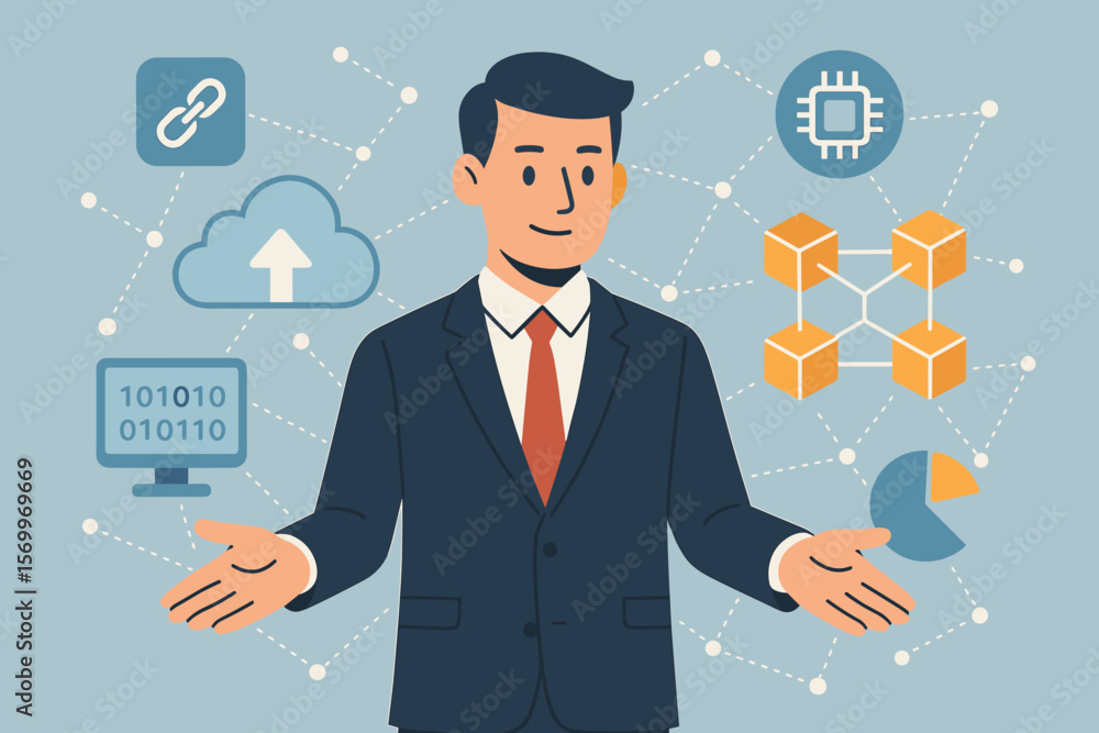 Businessman presenting blockchain technology, cloud computing, and big data network. Concept of digital transformation, innovation, and IT solutions. Modern flat vector illustration. Businessman presenting blockchain technology, cloud computing, and big data network. Concept of digital transformation, innovation, and IT solutions. Modern flat vector illustration.