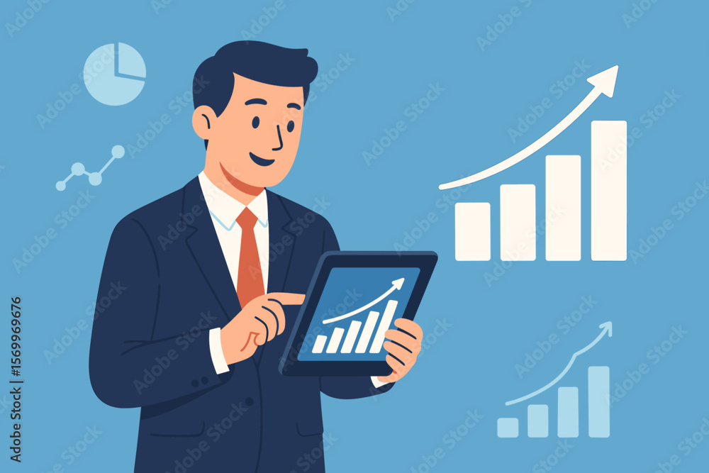 Businessman analyzing financial data on tablet. Manager with growth graph chart for business planning and investment strategy. Success, progress and market analysis concept. Businessman analyzing financial data on tablet. Manager with growth graph chart for business planning and investment strategy. Success, progress and market analysis concept.