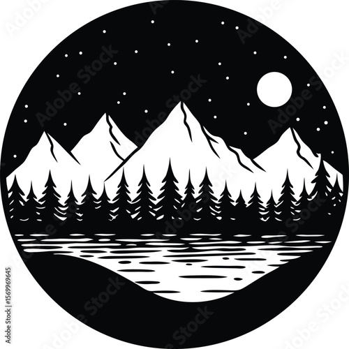 Celestial Mountain: A minimalist image of a tranquil night scene, with majestic mountains silhouetted against the starry sky, with serene lake beneath the mountain and a soft glow moon.