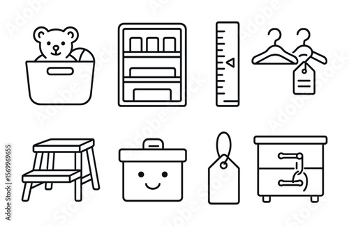 Kids' Closet Icons. Outline vector icons of kids’ closet design: toy bin, color shelf, height marker, clothes