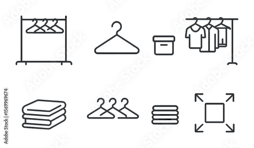 Minimal Closet Icons. Outline vector icons of minimalist closet style: neutral tones, simple rack, few hangers