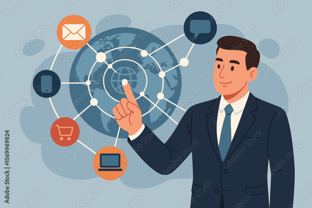 Businessman touching global network. Omnichannel marketing concept for customer experience. Digital communication, e-commerce, and sales strategy. Flat vector illustration. Businessman touching global network. Omnichannel marketing concept for customer experience. Digital communication, e-commerce, and sales strategy. Flat vector illustration.