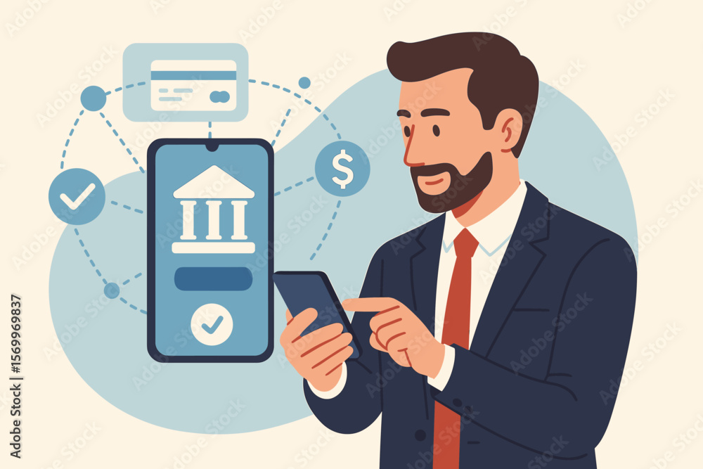 Businessman using mobile banking app on smartphone for online payment. Fintech concept with man making transaction. Digital finance, e-commerce network, credit card vector. Businessman using mobile banking app on smartphone for online payment. Fintech concept with man making transaction. Digital finance, e-commerce network, credit card vector.
