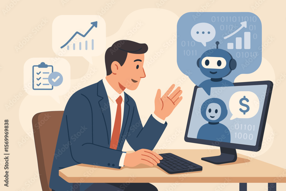 Businessman using AI chatbot for business strategy and investment planning. Man at computer consults financial bot. Big data, algorithm, and artificial intelligence concept. Businessman using AI chatbot for business strategy and investment planning. Man at computer consults financial bot. Big data, algorithm, and artificial intelligence concept.