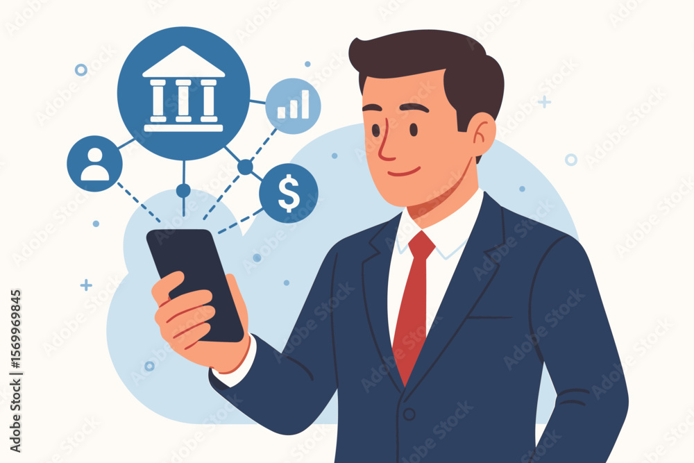 Fintech concept with businessman using smartphone for mobile banking. Online payment, digital transaction, financial data network connection. Man with phone app. Flat cartoon vector. Fintech concept with businessman using smartphone for mobile banking. Online payment, digital transaction, financial data network connection. Man with phone app. Flat cartoon vector.