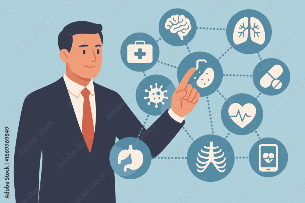 Businessman pointing at virtual medical network icons. Healthcare management concept. Digital health, telemedicine, medical data, online diagnostics, medicine, health insurance. Businessman pointing at virtual medical network icons. Healthcare management concept. Digital health, telemedicine, medical data, online diagnostics, medicine, health insurance.