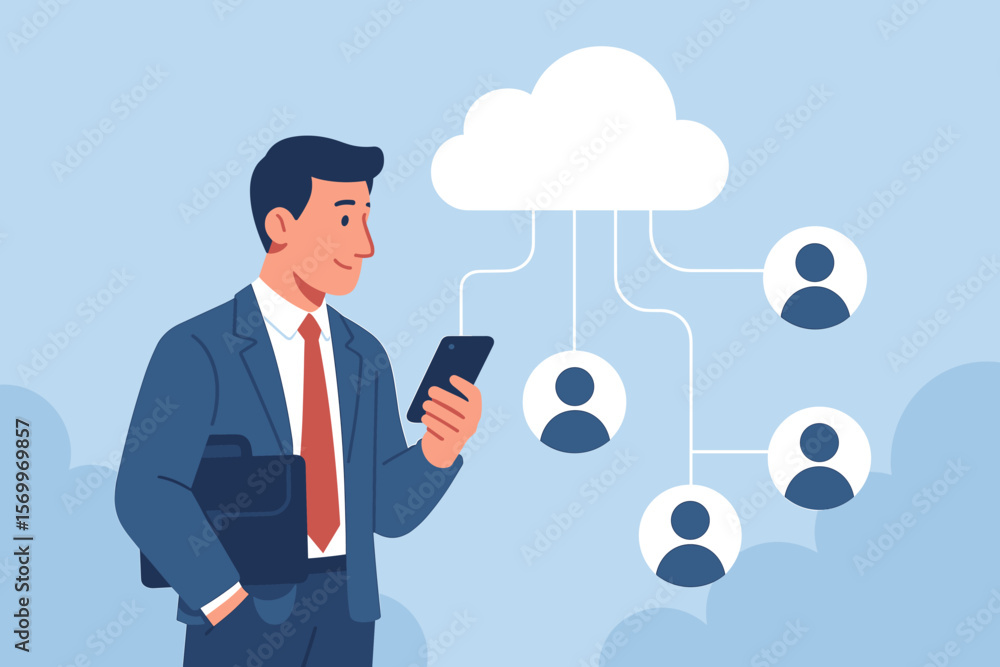 Businessman connecting to cloud computing service with smartphone. Customer network, CRM, and online data storage concept. Modern business technology flat vector illustration. Businessman connecting to cloud computing service with smartphone. Customer network, CRM, and online data storage concept. Modern business technology flat vector illustration.
