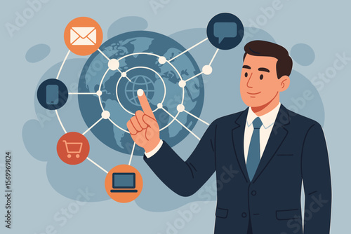 Businessman touching global network. Omnichannel marketing concept for customer experience. Digital communication, e-commerce, and sales strategy. Flat vector illustration.