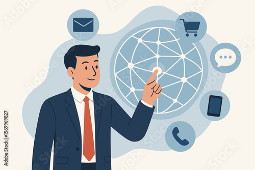 Omni channel business concept. Businessman touching global network. Digital marketing, communication, sales. E-commerce, email, chat, mobile. Seamless customer experience.