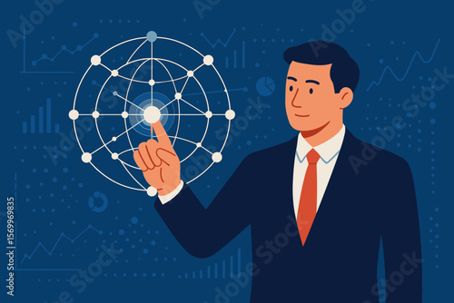 Businessman touching global network connection. Big data analysis. Digital marketing concept. Worldwide business data exchange. Investment, financial, and banking technology.