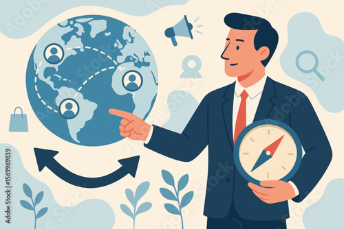 Businessman with compass defines marketing direction. Global business strategy, searching customer network. International market research, analysis, and expansion vector concept.
