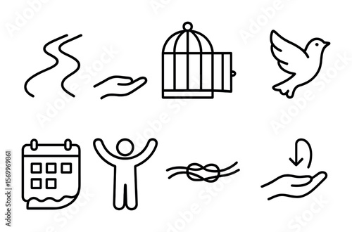 Letting Go Icons. Outline vector icons of letting go of control: flowing river, release hand, open cage,