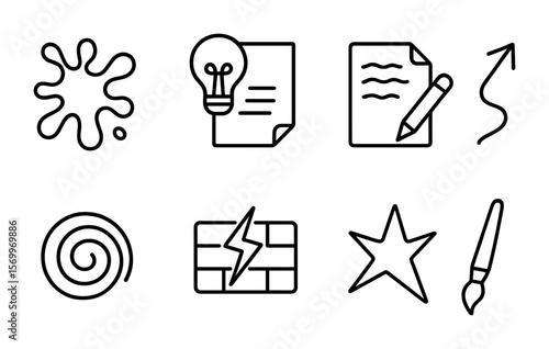 Creative Freedom Icons. Outline vector icons of creative freedom: paint splash, idea sketch, rough draft,