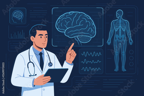 Doctor analyzing brain scan results with digital holographic interface, futuristic medical technology, neurology, human anatomy, healthcare innovation, virtual diagnostics