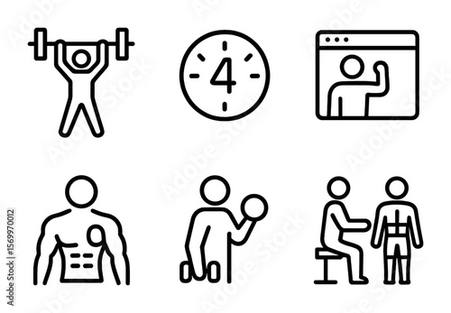 Strength Training Icons. Outline vector icons of strength training online: barbell lift, set counter, online