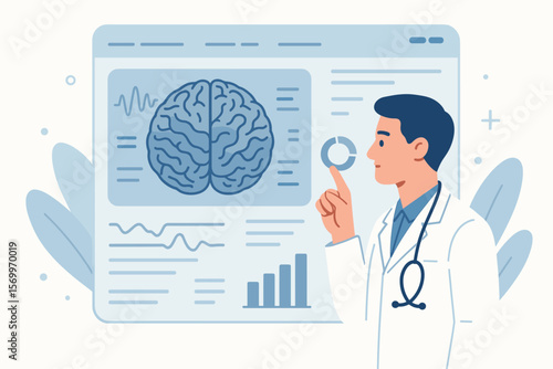 Doctor analyzing brain scan results on digital interface. Neuroscience, medical technology innovation, healthcare data, neurology diagnosis, modern hospital research concept vector
