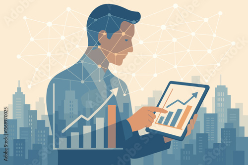 Double exposure of a businessman using a tablet, analyzing sales data, economic growth. Network connection, city background, modern flat vector.