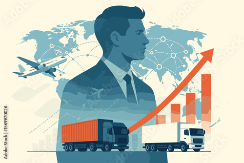 Double exposure businessman with global logistics network, transportation growth, cargo trucks, airplane, world map, rising business graph, industrial freight distribution concept