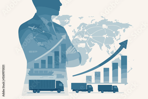 Double exposure businessman with logistics network, global transportation, cargo trucks, freight shipping, bar graph growth, world map, supply chain, industrial distribution