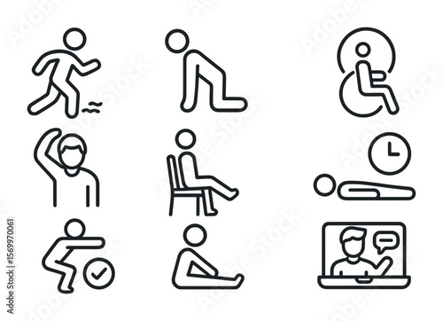 Adaptive Workout Icons. Outline vector icons of adaptive online workouts: low-impact symbol, modified move,