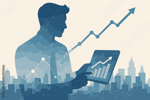 Double exposure of businessman, tablet, chart, network, and city background, analyzing sales data, economic growth, finance, modern vector.