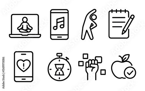 Virtual Wellness Icons. Outline vector icons of virtual wellness programs: guided meditation, calm playlist,