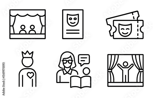 Educational Performance Icons. Outline vector icons of educational performance: school stage, playbill, ticket