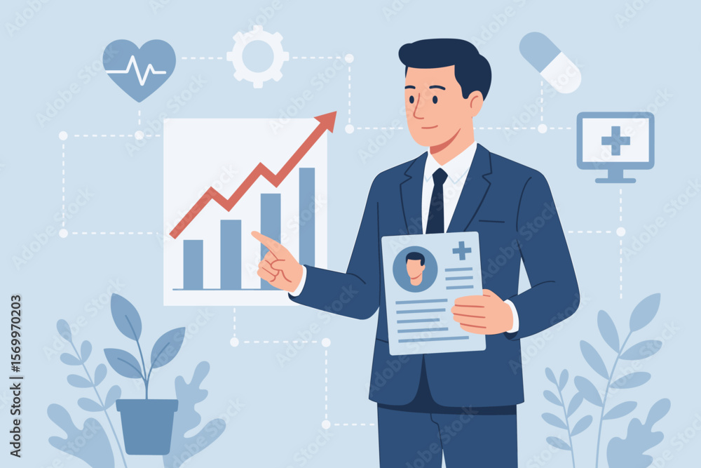 Businessman Analyzing Medical Business Growth Chart, Holding Patient Data, Healthcare Investment Report, Medical Technology, Digital Health Network, Data Analytics Concept Businessman Analyzing Medical Business Growth Chart, Holding Patient Data, Healthcare Investment Report, Medical Technology, Digital Health Network, Data Analytics Concept