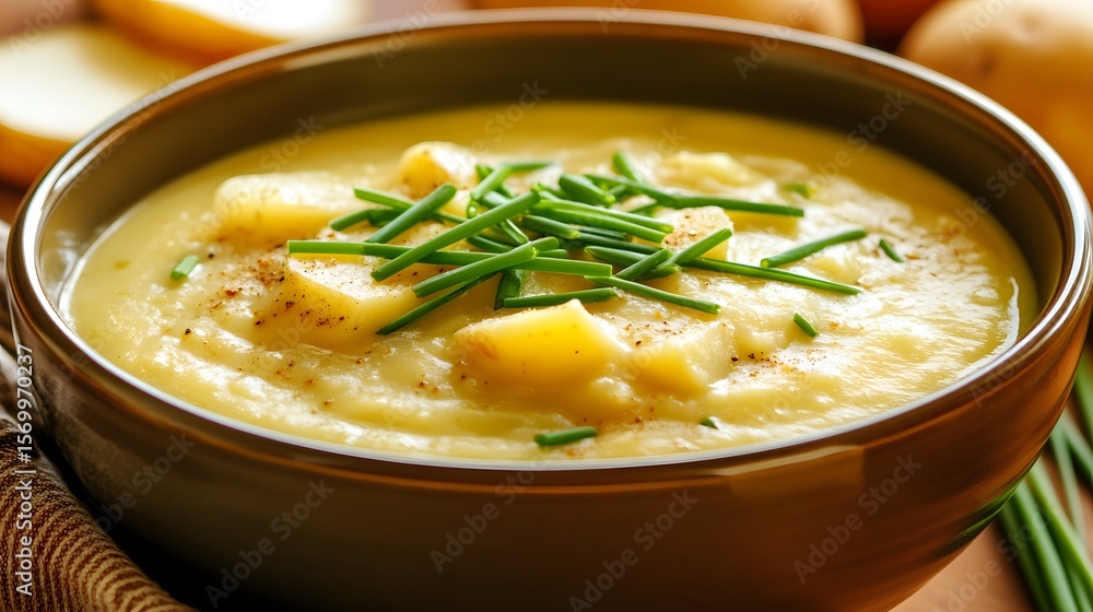 Creamy potato soup recipe easy homemade comfort food with chives garnish in a brown ceramic bowl dish Creamy potato soup recipe easy homemade comfort food with chives garnish in a brown ceramic bowl dish