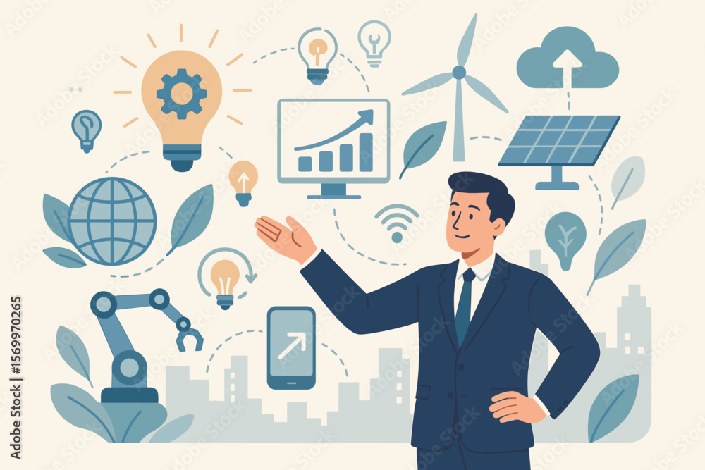 Sustainable innovation and smart technology solutions in global business. Renewable energy, automation, eco-friendly growth, modern digital transformation, green industry concept Sustainable innovation and smart technology solutions in global business. Renewable energy, automation, eco-friendly growth, modern digital transformation, green industry concept