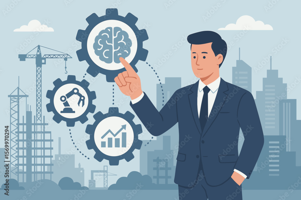 Industry 4.0 business automation concept. Businessman in suit touches brain in cogwheel. Smart construction, workflow optimization, AI, robotics, process development, innovation Industry 4.0 business automation concept. Businessman in suit touches brain in cogwheel. Smart construction, workflow optimization, AI, robotics, process development, innovation