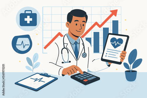 Healthcare business analytics concept. Doctor calculates medical costs, analyzes health data on tablet. Financial growth graph, stethoscope, report icons. Modern flat vector.