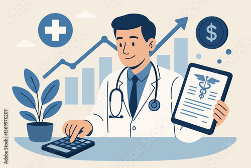 Healthcare business finance analysis, doctor using calculator for medical costs, analyzing digital medical report on tablet, growth chart, healthcare economics, flat vector illustration