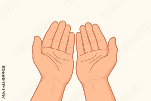 Open Empty Human Hands Palms Up Gesture. Outstretched Cupped Hands Requesting, Giving, Receiving. Modern Flat Vector Illustration. Support, Help, Charity, Care, Hope, Soft Light