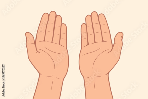Open human hands palms up gesture. Empty hands asking, offering, receiving. Flat vector illustration. Outstretched palms, charity, help, support, giving, light background concept.