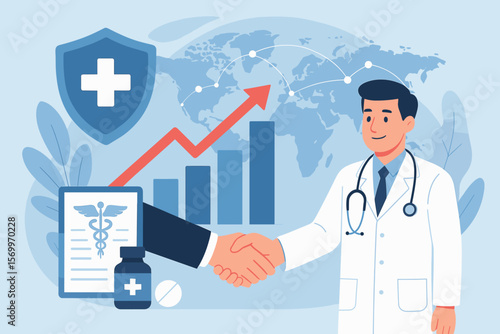 Global healthcare business partnership, doctor handshake, medical insurance agreement, growth chart, pharmaceutical contract, worldwide network, health data analytics concept