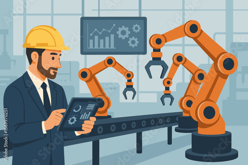 Industrial engineer manager controlling automation robot arms with tablet in smart factory. Modern manufacturing, robotics, conveyor belt, digital monitoring, data analysis vector