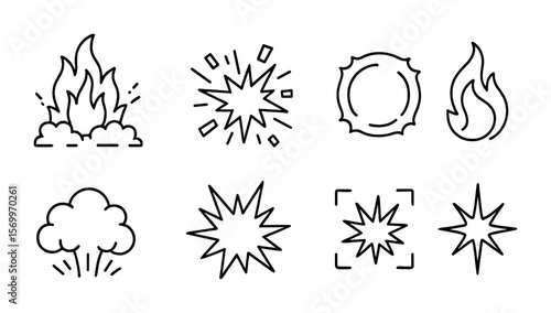 Cinematic Explosion Icons. Outline vector icons of cinematic explosions and effects: fire burst, debris