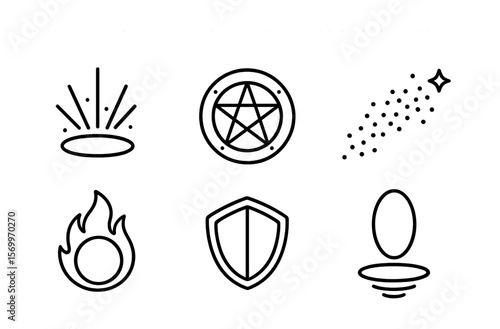 Fantasy Magic Icons. Outline vector icons of fantasy and magic effects: glowing spell, magic circle, particle