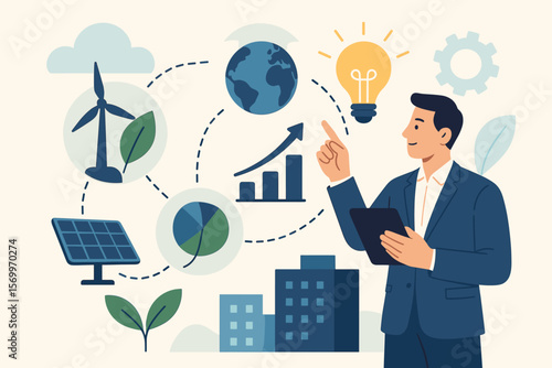 Sustainable innovation and smart technology solutions for global business growth. Renewable energy, solar panels, wind turbines, eco-friendly development, environmental progress concept